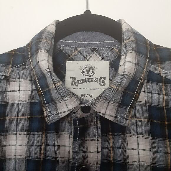 Vintage Roebuck & Co Mens Medium Blue Plaid Button Up Shirt Pearl Snap Western - Picture 3 of 10